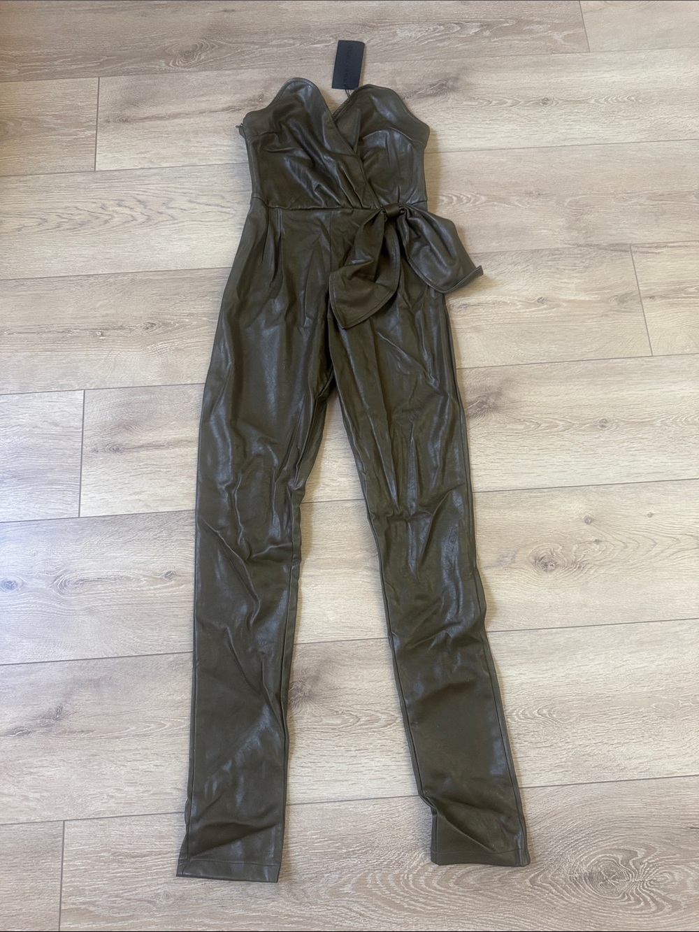 Kendall & Kylie Olive Green Strapless Faux Leather Jumpsuit